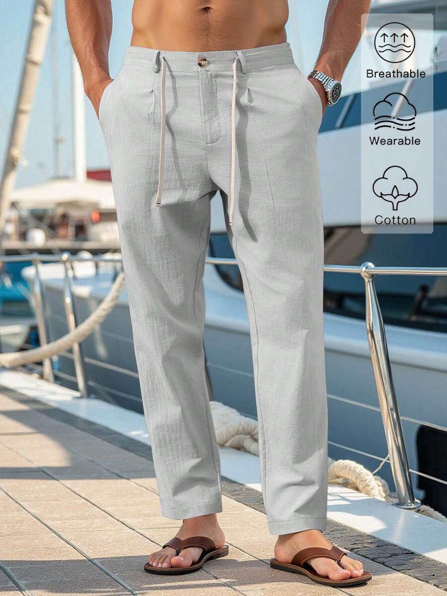 VENTUSAIL Pantalones largos entubados de lino para hombre, cintura con cordón, color liso, frescos, para salir, otoño, vacaciones - Gris Claro - Ver 1