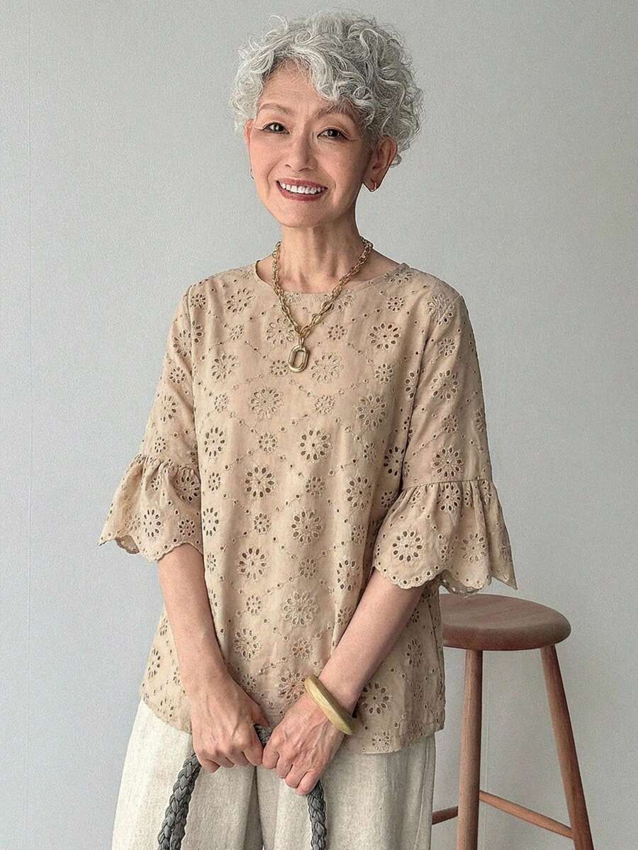 FRIFUL Blus Kasual Serbaguna Bordir untuk Wanita Paruh Baya & Lansia, Cocok untuk Pakaian Sehari-hari di Musim Panas - Khaki - View 1