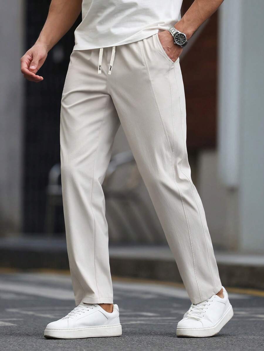 Manfinity CasualCool Men's Solid Color Drawstring Waist Pocket Casual Pants - Light Grey - View 1