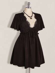SHEIN ICON Plus Size Women's Lace Patchwork Ruffle Sleeve Front Tie Dress - Brown - View 4