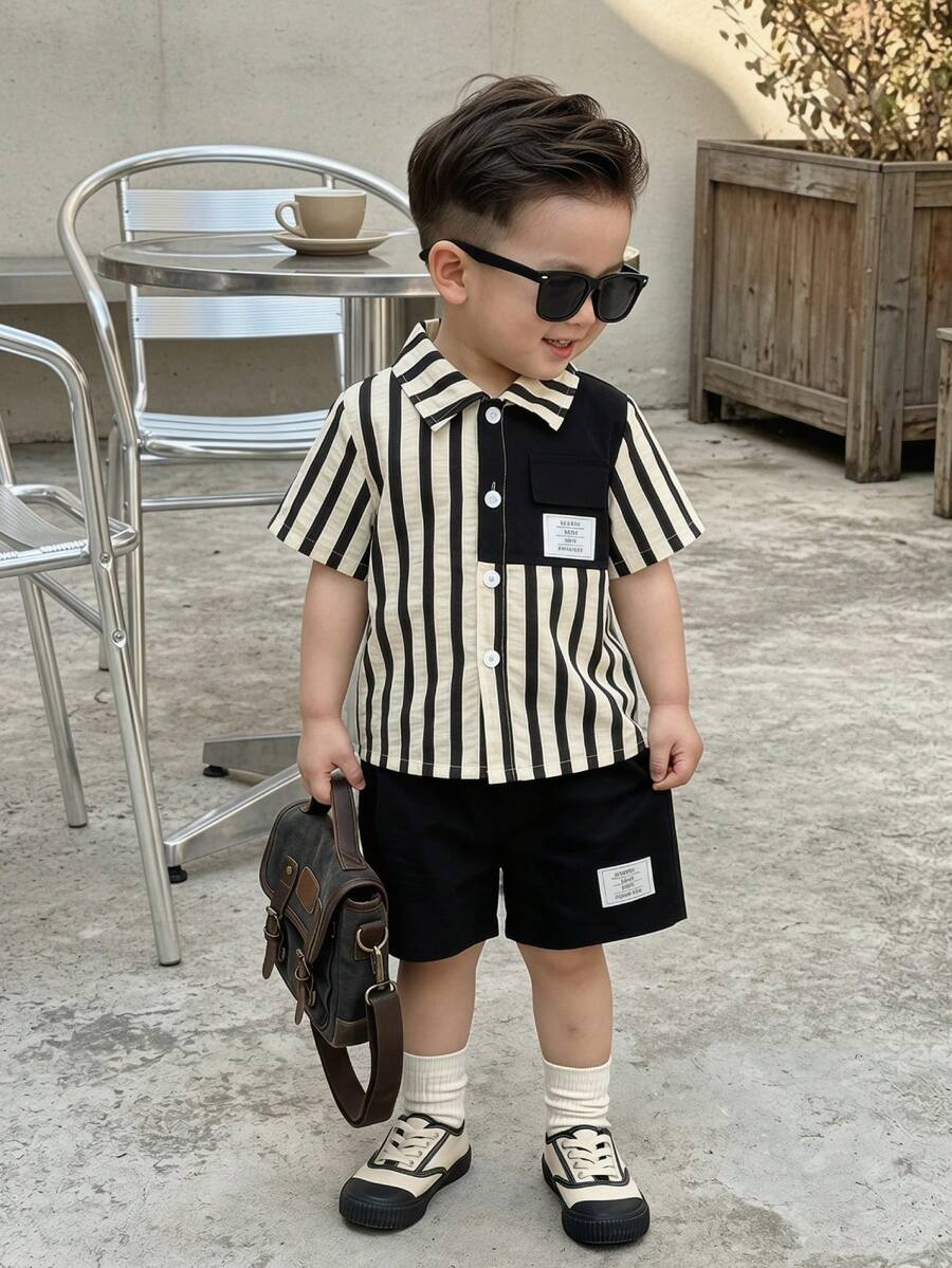 Souflis Souflis 2件/套 幼童男童韓式條紋口袋對比領襯衫 & 短褲套裝 黑白格紋夏季休閒城市度假嬰兒套裝 - 黑色 - 查看 1