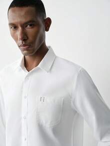 MENRIVO 男士休闲印花长袖衬衫，修身纽扣衬衫，纯色商务，男士白色正装衬衫，修身白衬衫，适合秋季 - 白色 - 查看 4