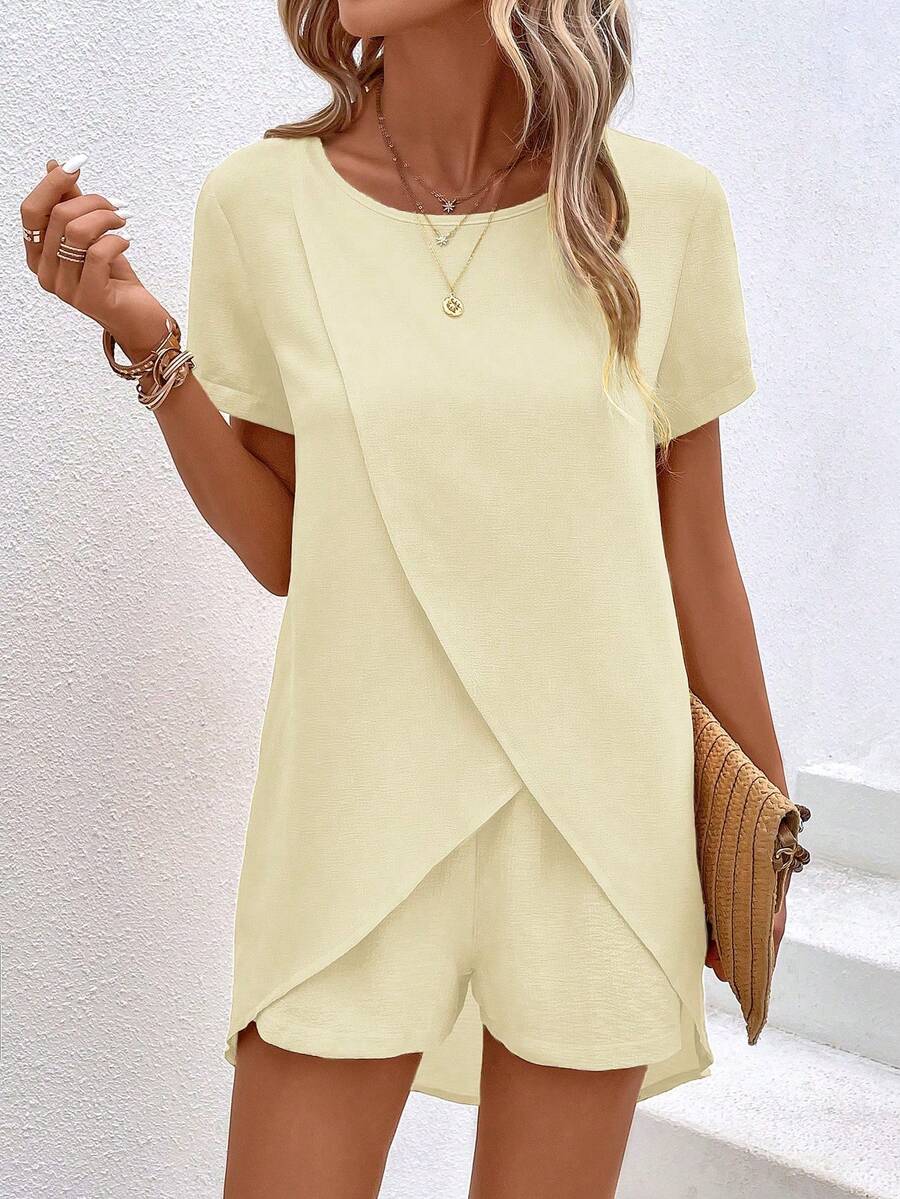 EMERY ROSE Women's Summer Casual Vacation Commute Solid Color Short Sleeve Wrap Cross Top And Shorts 2-Piece Set Vacation Pale Yellow - Apricot - View 1