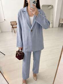 Veilorie Women's Solid Color Lapel NeckLong Sleeve Single-Breasted Jacket And Pants Casual Suit Set - Blue - View 2
