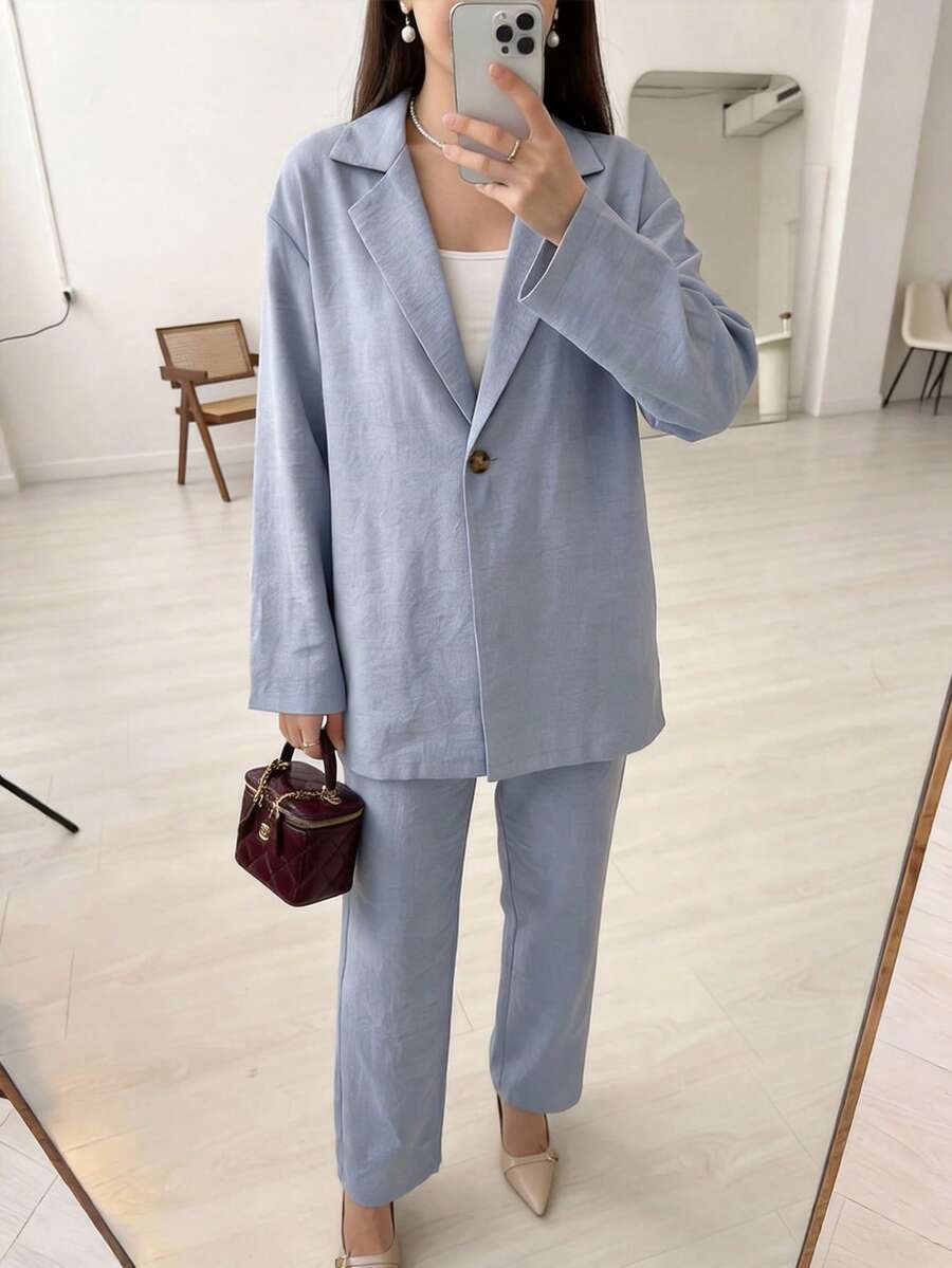 Veilorie Women's Solid Color Lapel NeckLong Sleeve Single-Breasted Jacket And Pants Casual Suit Set