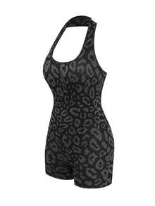 SHEIN BamGlam Leopard Print Backless Sleeveless Jumpsuit, Summer Sports Wear - Black - View 7