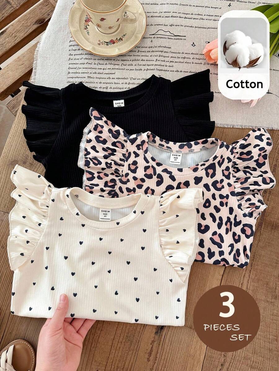SHEIN 3件套女婴休闲百搭针织豹纹波点图案短袖上衣套装 - 彩色 - 查看 1
