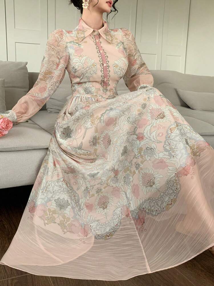 Casual Elegant Floral Print Dress, Suitable For Spring And Summer