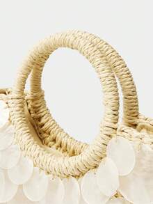 SHECARRY Fashionable Vacation Round Disc Decor Woven Tote Bag - Beige A - View 8