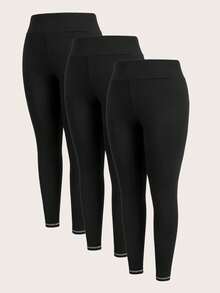 SHEIN CURVE+ Conjunto de 3 piezas de pantalones ajustados de talla grande para mujer, pantalones ajustados negros, pantalones ajustados para mujer, pantalones largos, ropa ajustada para mujer, pantalones ajustados, ropa interior de mujer, pantalones ajustados para mujer - Negro - Ver 2