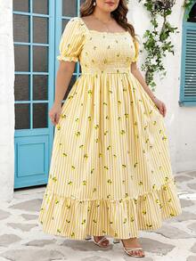 SHEIN CURVE+ Đầm cỡ US22 (dành cho người có đường cong cơ thể), thích hợp cho lễ hội âm nhạc, kỳ nghỉ biển, phong cách bohemian lãng mạn với họa tiết hoa nhí, phù hợp cho kỳ nghỉ biển, mùa tốt nghiệp, kỳ nghỉ kiểu bohemian, đầm đi biển, trang phục đi nghỉ mát. - Màu vàng - Xem 3