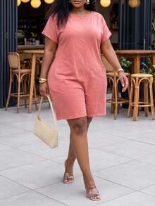 Slaydiva Burnt Orange Summer Plus Size Women Jumpers And Rompers,Smart Casual Elegant Minimalist Casual Resort Streetwear,Daily Wear Cruise Travel Hiking,Beach - Orange - View 3