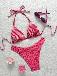 Swim Mod 2026 New Spring/Summer Women 2pcs Swimwear Set, Random Floral Print, Beach Holiday Elegant Casual Swimwear - Red - View 3