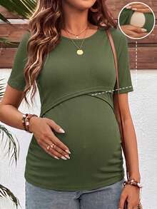 SHEIN Maternity Solid Color Round Neck Short Sleeve Nursing Top - Army Green - View 1