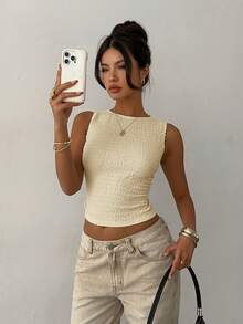 Aloruh Áo croptop nữ cổ tròn không tay, chất liệu dệt kim, màu trắng trơn, kiểu dáng thường ngày. - Màu be - Xem 5
