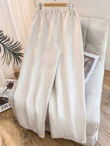 Lacomfia Plus Size Women Drawstring Waist Casual Versatile Wide Leg Pants For Daily Wear Summer Holiday Vacation Outfits - Beige - View 2