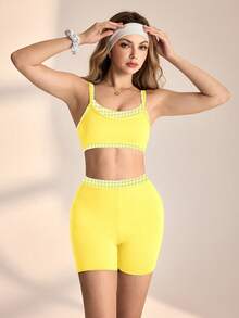 SHEIN Unity 女士格子拼接多功能背心和休闲短裤两件套，户外运动 - 黃色 - 查看 5