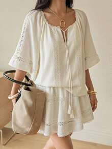 Dazy-Less Áo kiểu nữ màu trơn phối ren tương phản, tay raglan buộc dây, dáng rộng, thích hợp cho mùa hè, phong cách boho, đi nghỉ mát. - trắng - Xem 4