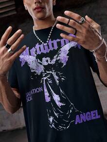 Skyrend Men Angel Letter Print Round Neck Short Sleeve Casual T-Shirtemo - Purple - View 6