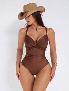Shapewave Women's Solid Color Ruched Lace-Up One-Piece Swimsuit Holiday Beach Vacation Vacation Holiday Coffee Brown Summer Modest Tropical Elegance - Brown - View 5