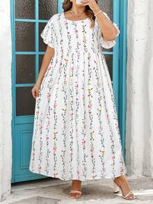 SHEIN CURVE+ Curve 尺码 US22 音乐节、海滨度假、波西米亚风随机印花休闲假日风格数码印花宽松短袖连衣裙 - 白色 - 查看 3