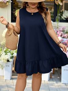 SHEIN CURVE+ Curve 尺码 US22 音乐节、海滨度假、波西米亚风女士露背圆领纯色荷叶边下摆无袖复古夏季休闲连衣裙，黑色 - 藏蓝色 - 查看 2