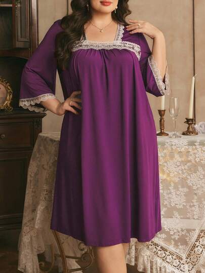 Côtesoire Camisón elegante francés de talla grande con encaje y contraste de colores