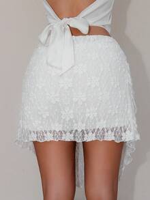 Glamine Women's Elegant Elegant Cotton Lace Asymmetrical Hem Bow Tie Skirt Holiday Day Tea Party White Summer - White - View 2