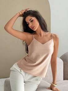 DAZY Women's Solid Color Spaghetti Strap Elegant Summer Vacation Camisole Top - Apricot - View 3