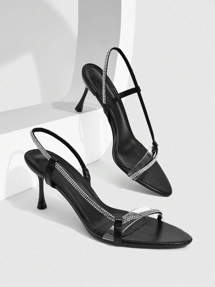 CUCCOO SZL Women Shoes Pointed Slender Heel Black Rhinestone Strap Back Ankle Strap Open Toe Sexy Fashion Gorgeous Dress Banquet Party Nightclub Women High Heel Sandals