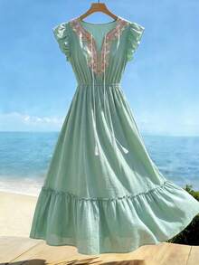 GlowEve Women's Floral Embroidery Ruffle Hem Long Dress With Tassel Decor Summer Graduation Vacation Beach Golf Pastal Tropical Sexy Jamican Sage Green - Green - View 7