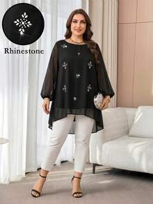 Modelyn Plus Size Women's Rhinestone Decor Round Neck Mesh Lantern Sleeve Arabic Style Top - Black - View 4