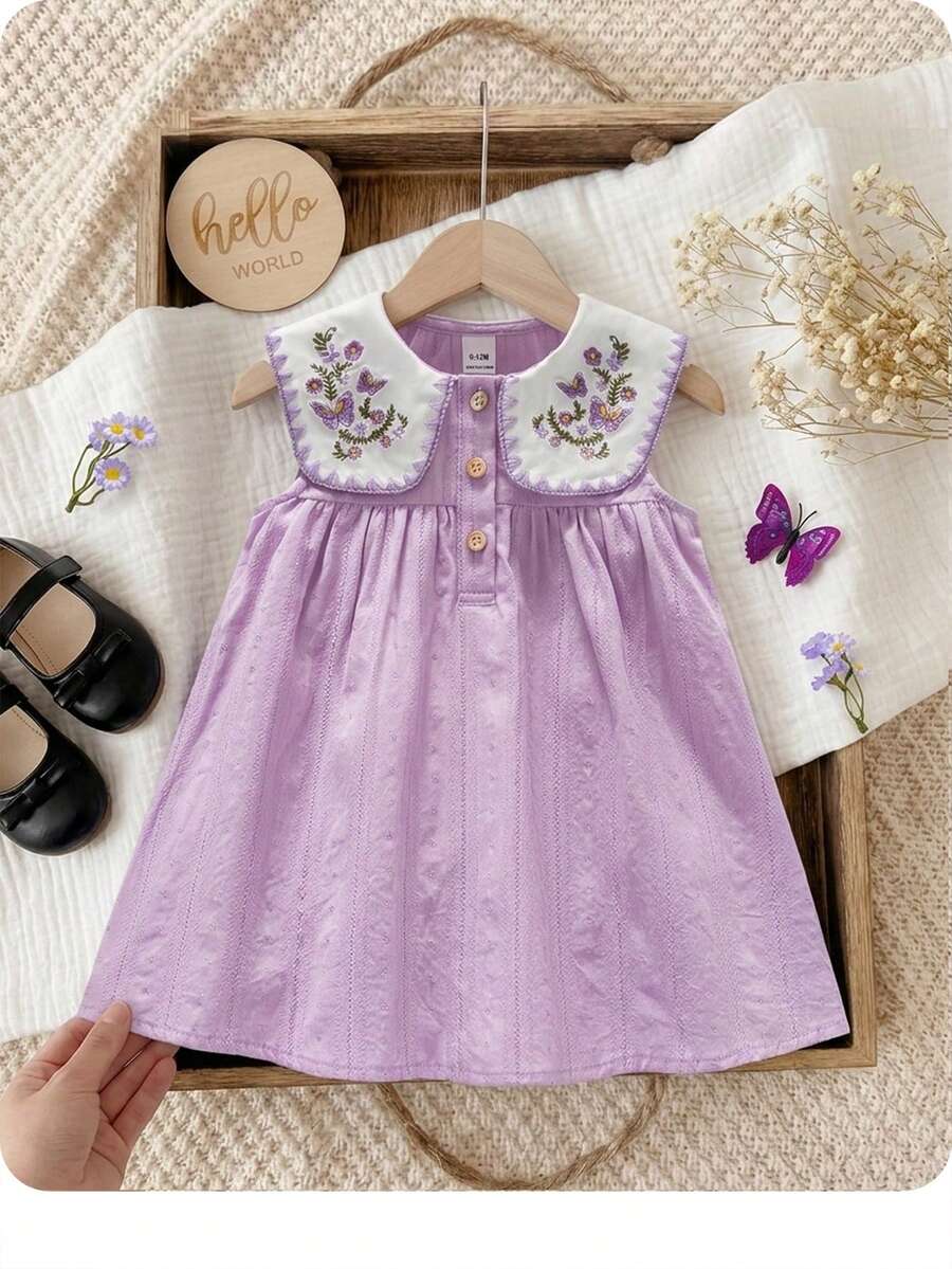 SHEIN 女婴撞色编织彼得潘领刺绣休闲无袖连衣裙 - 彩色 - 查看 1