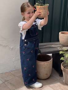 Dazy Kids Quần yếm và áo liền quần denim wash in họa tiết toàn thân kiểu Hàn Quốc dễ thương cho bé gái, thích hợp cho mùa hè. - Màu xanh lam - Xem 3