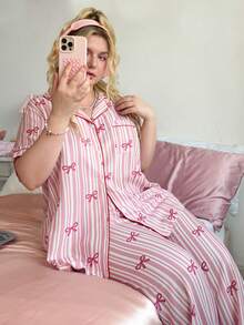 Slumberry CURVE Conjunto de pijama de talla grande con estampado de rayas y lazo - Multicolor - Ver 5