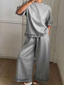 DAZY Setelan Santai Wanita 2 Potong Atasan Berenda Warna Polos dan Celana Panjang Lebar - Light Grey - View 7
