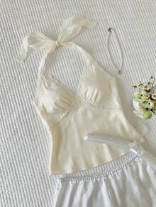 Comfortcana 2026 Nueva blusa con parches de encaje sin espalda para mujeres, versátil y de moda, adecuada para citas, fiestas, verano, fiestas de San Valentín, salidas a la playa, vacaciones elegantes, uso casual, estilo Y2K, estilo de los 2000, adecuada para vacaciones de primavera, ceremonias de graduación, fiestas, playas, San Valentín, carnavales, vacaciones, uso casual en casa, calles, universidad y otras ocasiones. - Beis - Ver 4