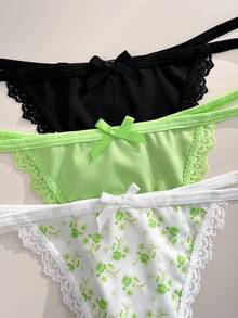 PetitDoll 3pcs/Set Women Lace Patchwork Bowknot Floral Pattern Thong Panties - Multicolor - View 7