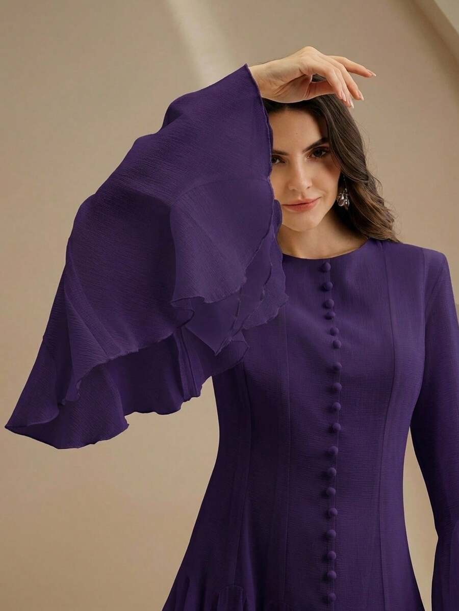 Anewsta Gaun Elegan Warna Putih Gading Lengan Panjang Model Mengembang dengan Kancing di Lengan - Purple - View 1