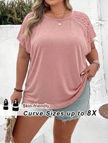 SHEIN CURVE+ Plus Size Color Block Lace Splicing Short Sleeve T-Shirt, Suitable For Beach Vacation In Summer Boho Vacation - Dusty Pink - View 1