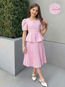 Elegant Square Collar Puff Sleeve Set, Suitable For Daily Wear, Parties And Outings - Pink - View 4