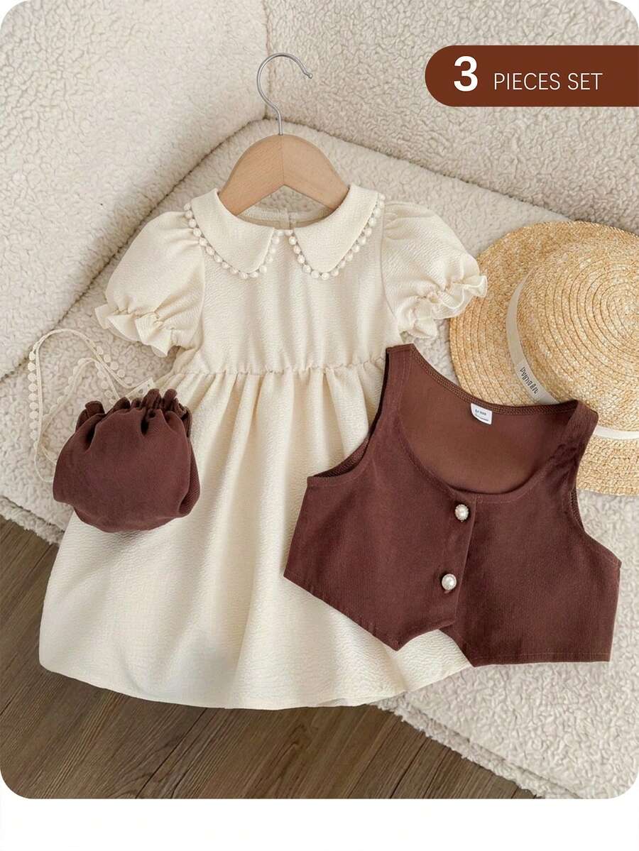 SHEIN Conjunto de Vestido e Colete com Gola Peter Pan e Manga Pétala para Bebê Menina, Verão - Roxo - Visão 1