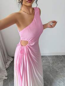 Modelyn Yellow Sleeveless Asymmetric Neck Pleated Ombre Dress For Women - Pink - View 5
