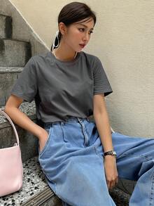 DAZY 女士纯色休闲圆领短袖T恤，夏季 - 深灰色 - 查看 4