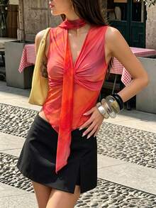 Pariaura Women's Fashion Versatile Tie-Dye Ruched Asymmetrical Hem Camisole, Suitable For Dates And Vacations - Multicolor - View 5