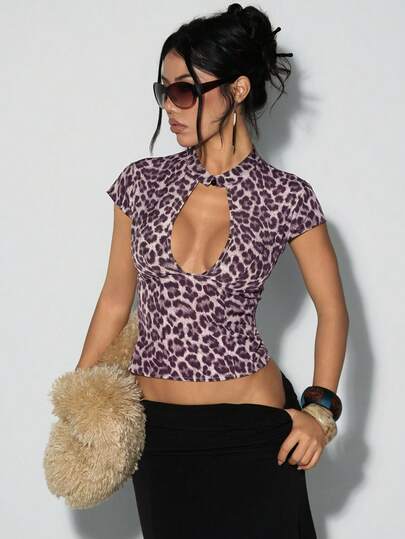 Jeanoix 女士豹纹镂空设计休闲百搭日常衬衫