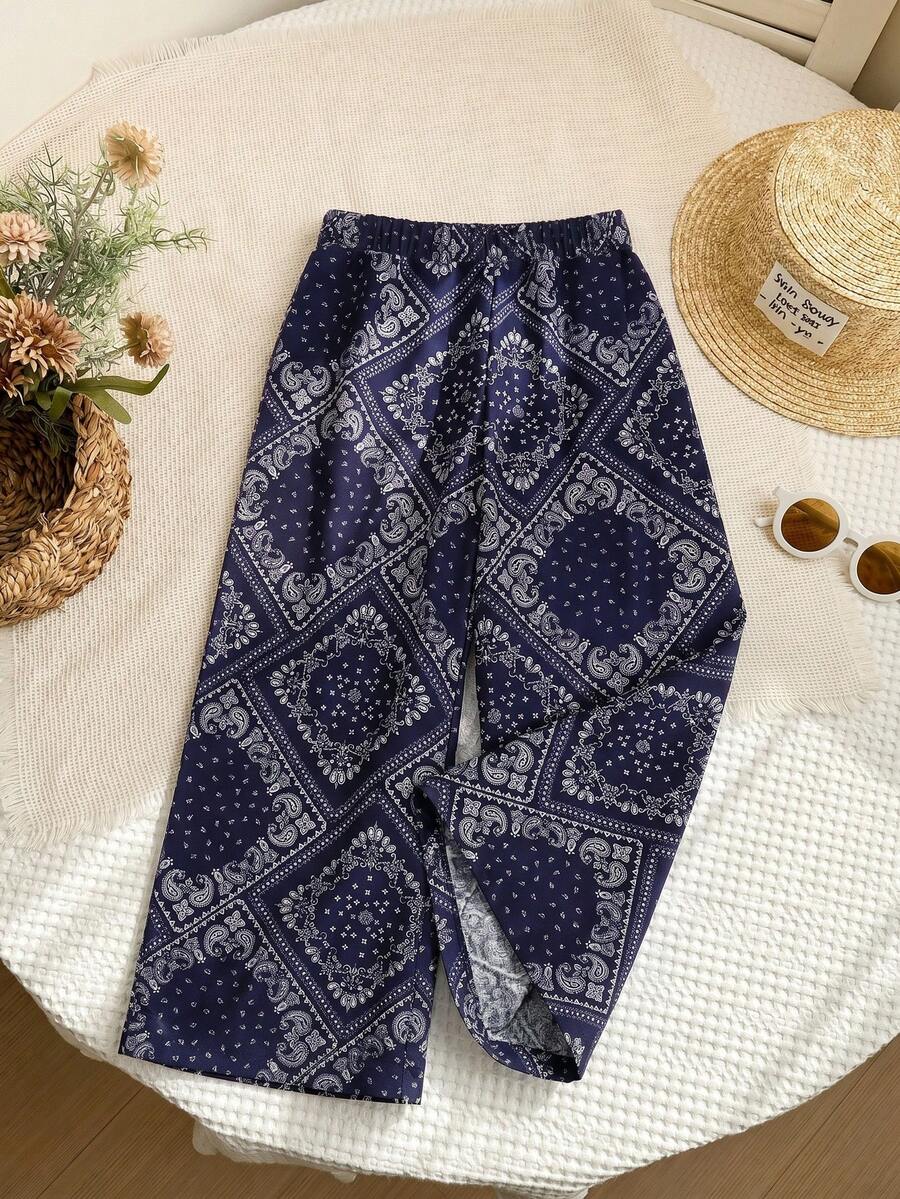 SHEIN Young Girl Ditsy Floral Loose Casual Pants Wide Leg Pants For Kids Kids Pants For Girls Baggy Pants For Kids - Navy Blue - View 1