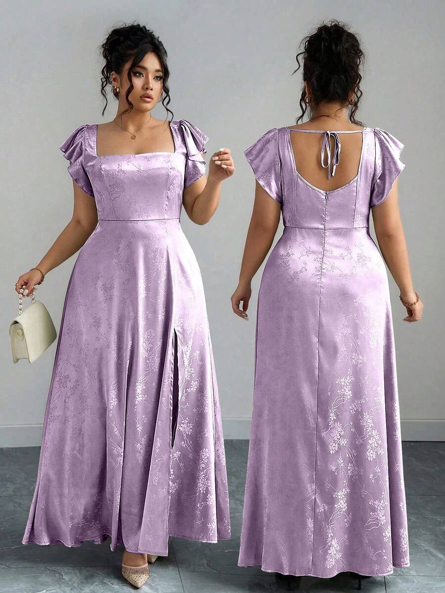 Elenzga Đầm dài tay bồng cổ vuông xẻ tà dành cho nữ cỡ lớn, chất liệu vải jacquard bóng màu xanh lá cây, đa năng cho đi làm, mặc hàng ngày, dự tiệc cưới, dạ hội, lễ tốt nghiệp, mua sắm, chụp ảnh, thoải mái và thời trang. - Màu tím - Xem 1