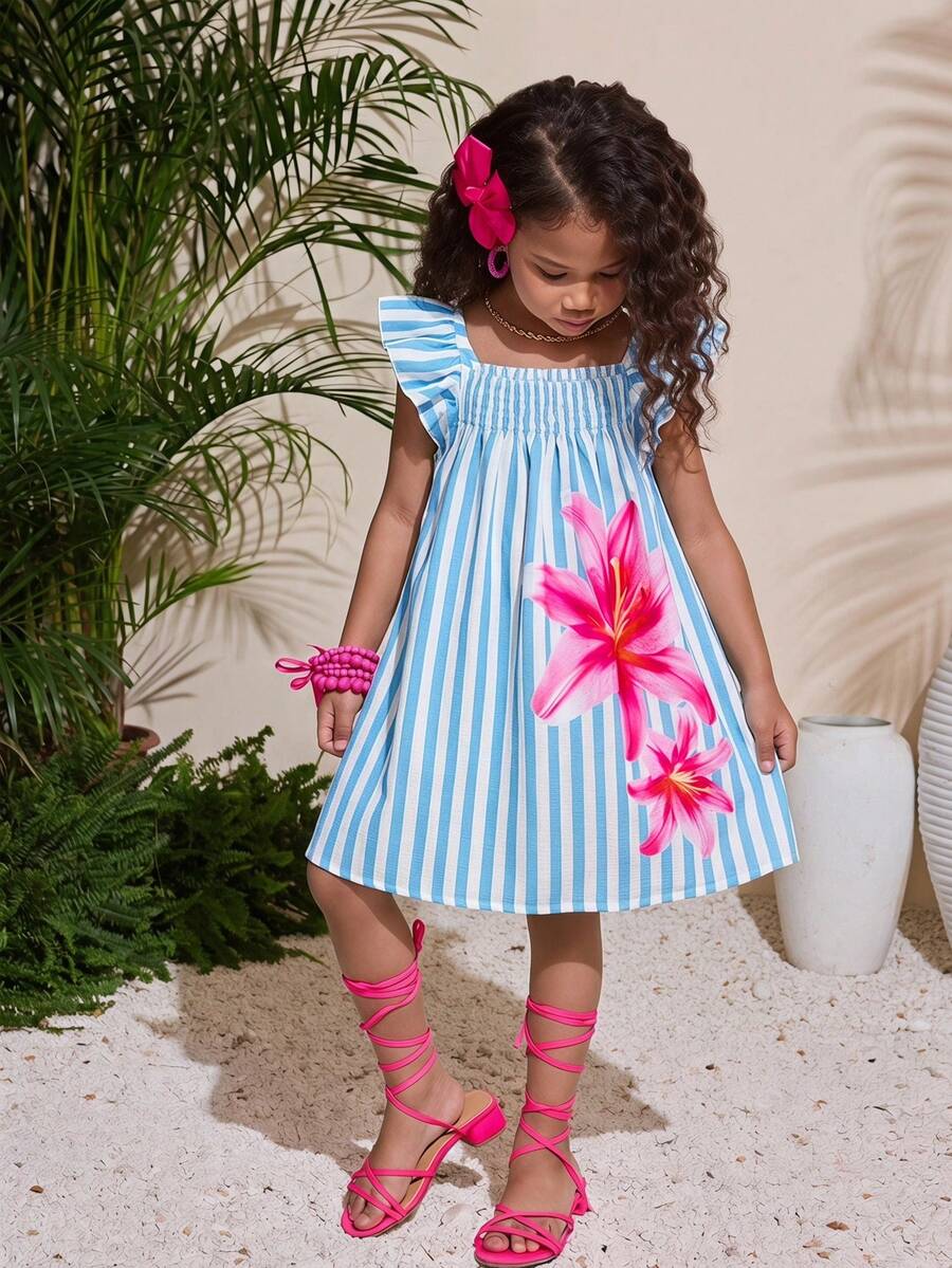SHEIN 少女夏季度假条纹印花荷叶边连衣裙 - 彩色 - 查看 1