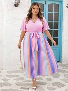 SHEIN CURVE+ Curve 尺码 US22 音乐节、海滨度假、波西米亚风女士彩虹褶皱V领灯笼袖系带背心毕业礼服婚礼宾客礼服女士学位模拟礼服女士沙滩裙女士假日太阳裙生日礼服女士骄傲节女士礼服优雅礼服女士休闲礼服女士生日礼服女士夏季礼服女士夏季礼服 - 彩色 - 查看 4